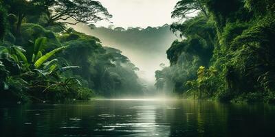 ai généré génératif ai, amazonien jungle brumeux paysage, tropical forêt tropicale avec paume des arbres photo