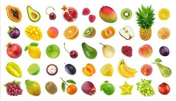 tropical des fruits. différent des fruits et baies isolé sur blanc Contexte photo