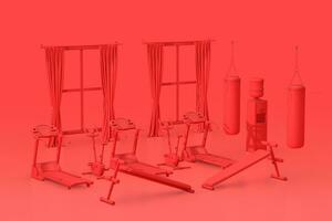 rouge monochrome bichromie gymnase pièce intérieur avec les fenêtres, exercice bancs, perforation Sacs pour boxe formation et tapis roulant Machines. 3d le rendu photo