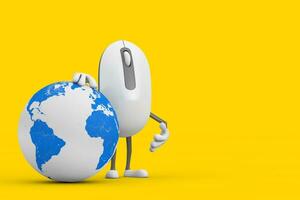 ordinateur Souris dessin animé la personne personnage mascotte avec Terre globe. 3d le rendu photo