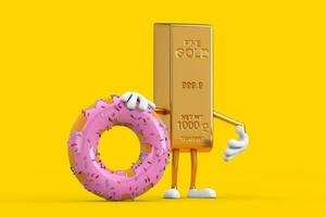 d'or bar dessin animé la personne personnage mascotte avec gros fraise rose vitré Donut. 3d le rendu photo