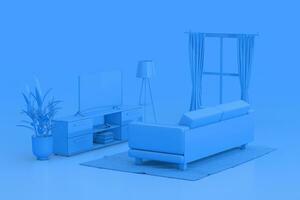 bleu monochrome bichromie pièce moderne intérieur avec fenêtre, la télé, tapis et canapé. 3d le rendu photo