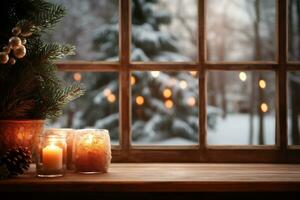 ai généré bougies et Noël arbre sur le Contexte de une fenêtre dans hiver photo