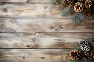 ai généré Noël sapin arbre branches et pin cônes sur en bois Contexte. Haut vue avec copie espace photo