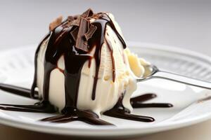 ai généré une scoop de la glace crème avec Chocolat sauce sur Haut photo