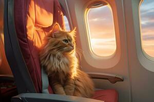 ai généré duveteux gingembre chat séance sur avion siège à la recherche à fenêtre en voyageant et en volant avec animaux domestiques concept photo