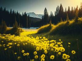 ai généré embrasé des champs de hiver doux concentrer le coucher du soleil Prairie avec Jaune fleurs la nature embrasser. une symphonie de couleurs chaud hiver le coucher du soleil Prairie avec abstrait doux concentrer la nature harmonie. photo