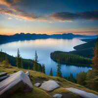 ai généré vue de le Lac dans le montagnes. photo