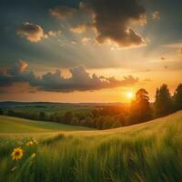 ai généré magnifique été le coucher du soleil paysage. photo