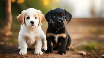 ai généré Extérieur portrait de deux mignonne chiots. photo