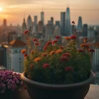 ai généré des pots de fleurs sur le balcon. ville vue à le coucher du soleil dans le Contexte. photo