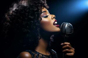 ai généré noir femelle chanteur en chantant avec microphone dans de face de foncé Contexte bokeh style Contexte photo