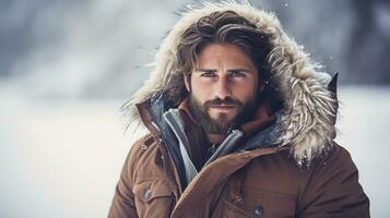 ai généré portrait de une Beau barbu homme dans hiver manteau chute de neige Contexte photo