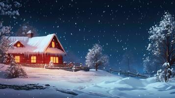 ai généré en bois maison dans hiver forêt à nuit photo