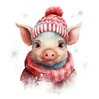 ai généré génératif ai, mignonne porc animal, animal de compagnie dans Noël chapeau et laid chandails, aquarelle style. photo