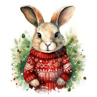 ai généré génératif ai, mignonne lapin animal, animal de compagnie dans Noël chapeau et laid chandails, aquarelle style. photo