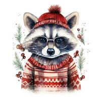 ai généré génératif ai, mignonne raton laveur animal, animal de compagnie dans Noël chapeau et laid chandails, aquarelle style. photo