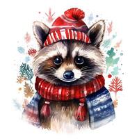 ai généré génératif ai, mignonne raton laveur animal, animal de compagnie dans Noël chapeau et laid chandails, aquarelle style. photo