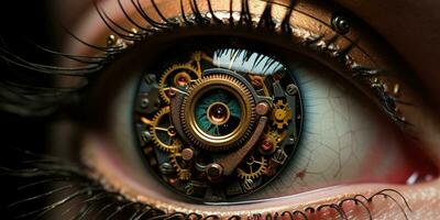 ai généré génératif ai, bionique steampunk œil fermer, fictif oculaire implant photo