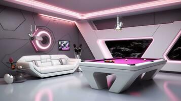 ai généré génératif ai, futuriste blanc jeu chambre, cyberpunk style, Jeu moderne installer photo