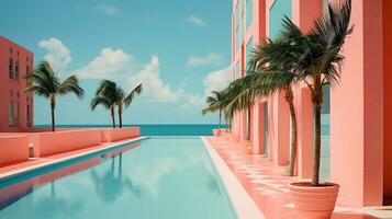 ai généré génératif ai, surréaliste Miami ville avec déco rétro bâtiments, rose et bleu couleurs, été ambiance photo