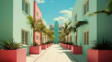 ai généré génératif ai, surréaliste Miami ville avec déco rétro bâtiments, rose et bleu couleurs, été ambiance photo