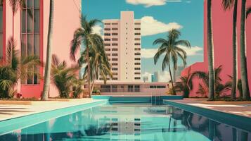 ai généré génératif ai, surréaliste Miami ville avec déco rétro bâtiments, rose et bleu couleurs, été ambiance photo