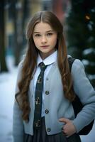 ai généré une magnifique russe haute école étudiant fille dans école uniforme en plein air dans hiver photo