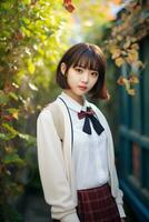 ai généré une magnifique Jeune Japonais haute école étudiant fille avec court cheveux dans une école uniforme en plein air photo
