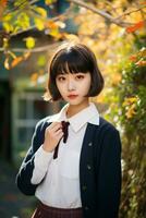 ai généré une magnifique Jeune Japonais haute école étudiant fille avec court cheveux dans une école uniforme en plein air photo