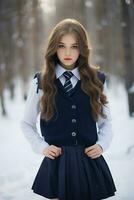 ai généré une magnifique russe haute école étudiant fille dans école uniforme en plein air dans hiver photo