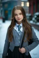 ai généré une magnifique russe haute école étudiant fille dans école uniforme en plein air dans hiver photo