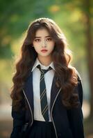 ai généré portrait de une magnifique Jeune coréen haute école étudiant fille avec ondulé cheveux dans une école uniforme en plein air photo