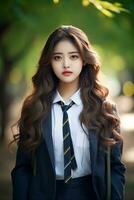 ai généré portrait de une magnifique Jeune coréen haute école étudiant fille avec ondulé cheveux dans une école uniforme en plein air photo