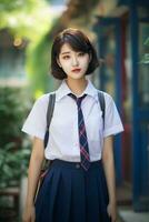 ai généré une magnifique Jeune coréen haute école étudiant fille avec court cheveux dans une école uniforme en plein air photo