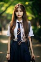 ai généré une Jeune chinois haute école étudiant fille dans une école uniforme posant pour une photo