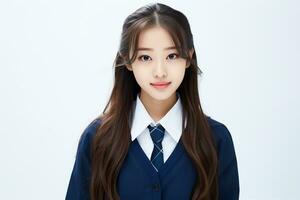 ai généré portrait de magnifique Jeune Japonais haute école étudiant fille dans une école uniforme isolé sur une blanc Contexte photo