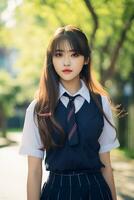 ai généré une magnifique asiatique Jeune femme dans école uniforme en plein air photo