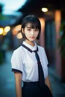 ai généré une Jeune chinois haute école étudiant fille avec court cheveux dans une école uniforme photo