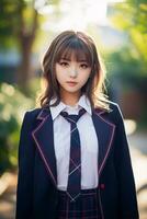 ai généré une magnifique asiatique Jeune femme dans école uniforme en plein air photo