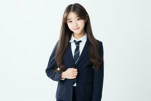 ai généré portrait de magnifique Jeune Japonais haute école étudiant fille dans une école uniforme isolé sur une blanc Contexte photo