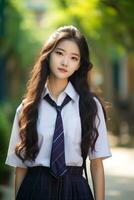ai généré une Jeune chinois haute école étudiant fille avec ondulé cheveux dans une école uniforme posant pour une photo