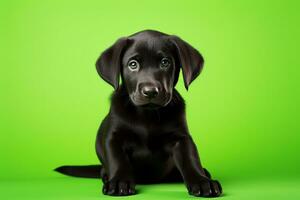 ai généré une noir Labrador chiot séance sur une vert Contexte photo