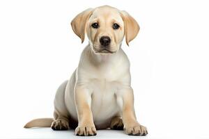 ai généré une chiot de Labrador retriever est séance dans de face de une blanc Contexte photo