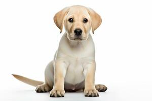 ai généré une chiot de Labrador retriever est séance dans de face de une blanc Contexte photo