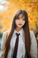 ai généré portrait de magnifique Jeune Japonais haute école étudiant fille dans une école uniforme en plein air photo