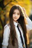 ai généré portrait de magnifique Jeune Japonais haute école étudiant fille dans une école uniforme en plein air photo