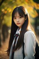 ai généré portrait de magnifique Jeune Japonais haute école étudiant fille dans une école uniforme en plein air photo