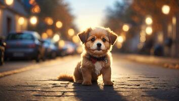 ai généré une chiot est séance sur le rue photo