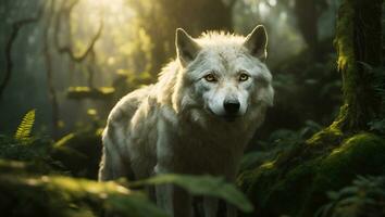 ai généré une blanc Loup dans le moussu forêt avec Jaune yeux photo